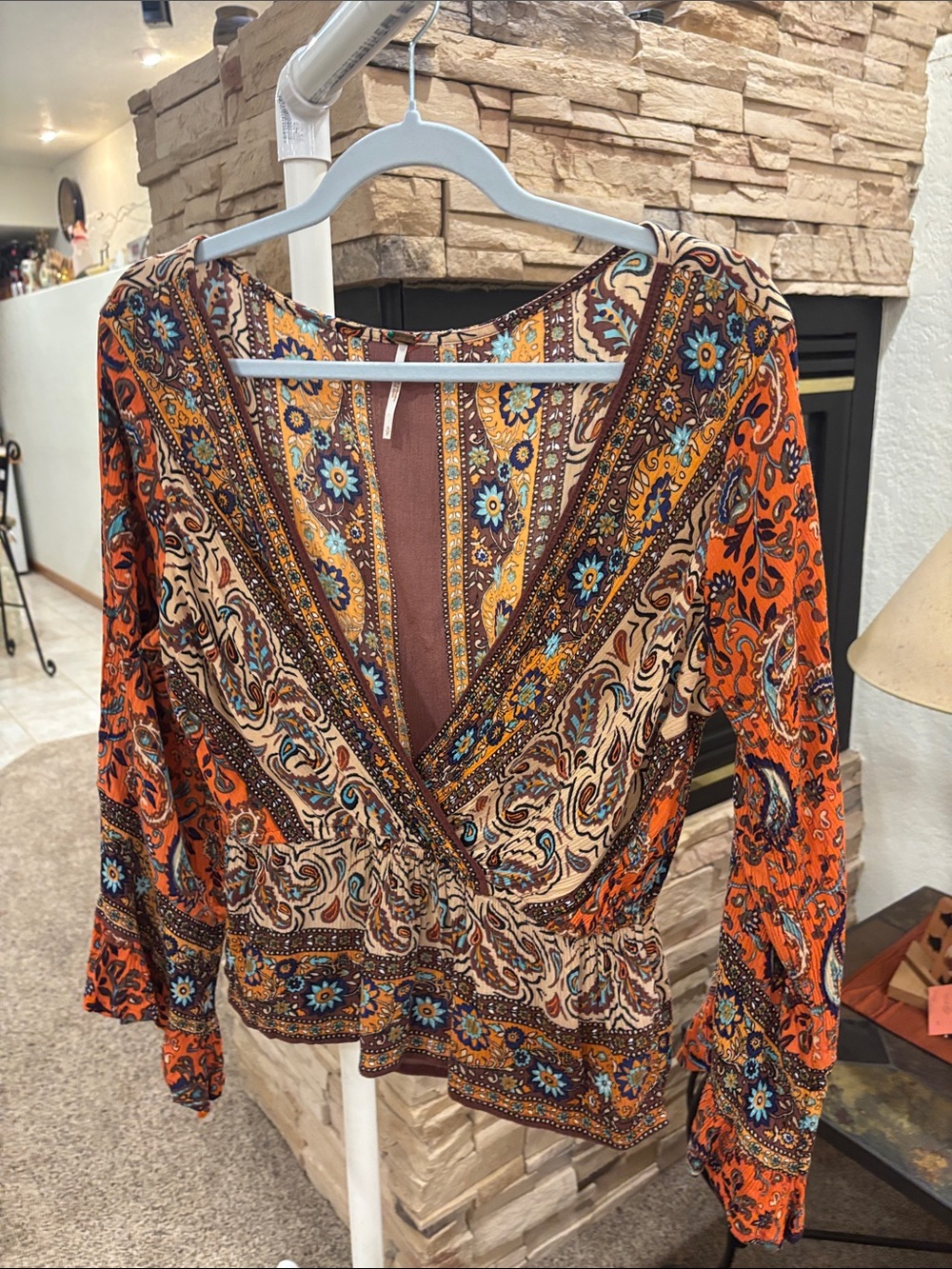 Free People Orange Paisley Wrap Blouse with Blue Accents
